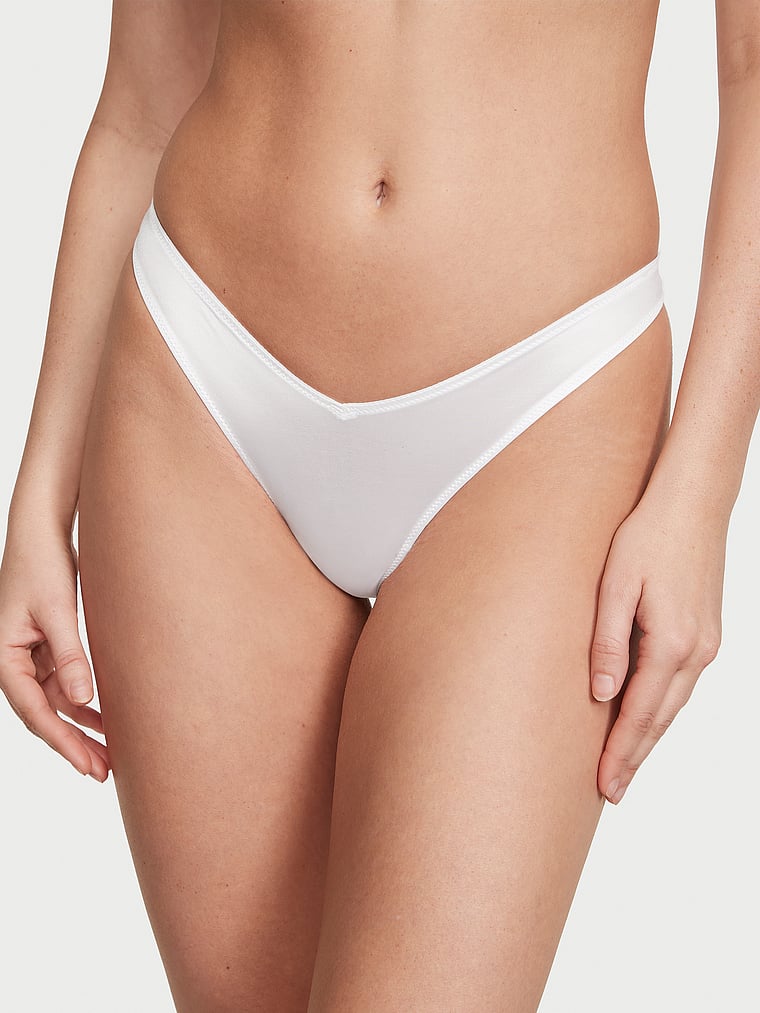 Victoria's Secret, Very Sexy Smooth Strappy-Back High-Leg Thong Panty, Vs White, onModelFront, 1 of 3 Rebecca is 5'9" or 175cm and wears Small