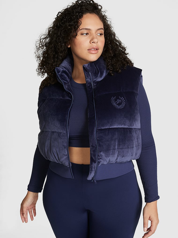 PINK Rib Velour Crop Puffer Vest, Midnight Navy, onModelFront, 1 of 5