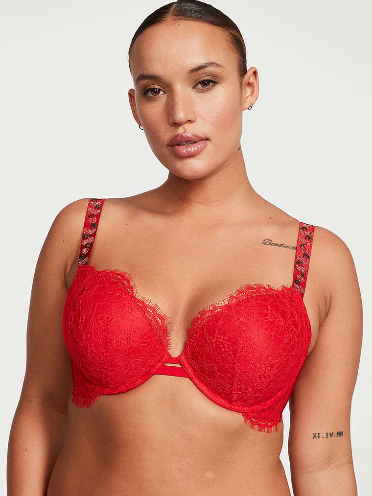 Victoria's Secret, Very Sexy Shine Strap Lace Push-Up Bra, Cherry Red, onModelFront, 4 of 5 Sofia  is 5'8" and wears 36D or Large