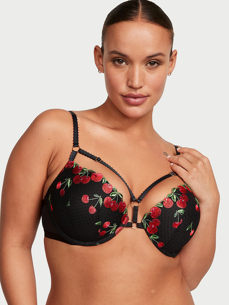Victoria's Secret, Very Sexy Shine Strap Lace Trim Push-Up Bra, Black Cherries, onModelFront, 1 of 5 Sofia  is 5'8" and wears 36D or Large