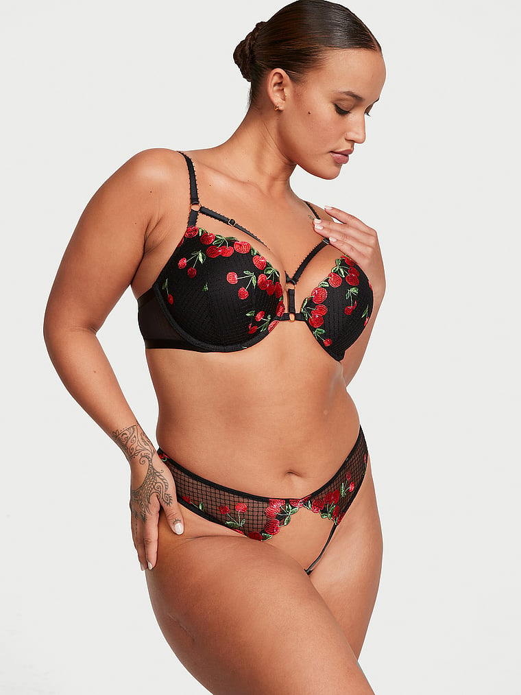 Victoria's Secret, Very Sexy Shine Strap Lace Trim Push-Up Bra, Black Cherries, onModelSide, 3 of 5 Sofia  is 5'8" and wears 36D or Large