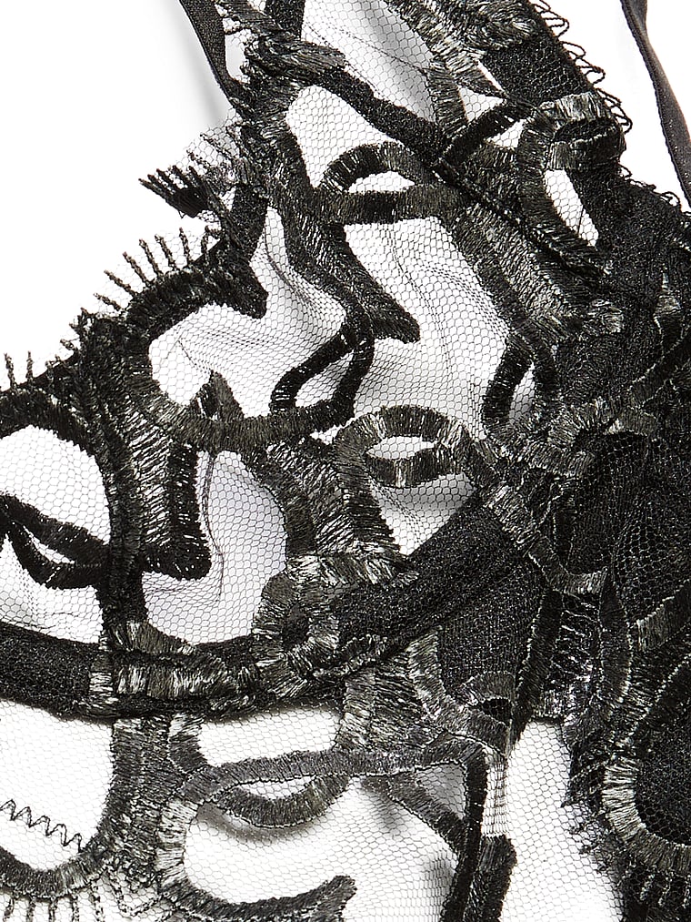 Victoria's Secret, Very Sexy Shimmer Heart Embroidery Open-Cup Strappy Crotchless Playsuit, Black, detail, 4 of 4