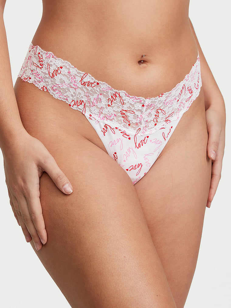 Women's Cotton Thong Panties With Lace Trim
