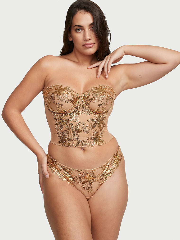 Gold Sequined Ziggy Glam Floral Embroidery Unlined Corset Top