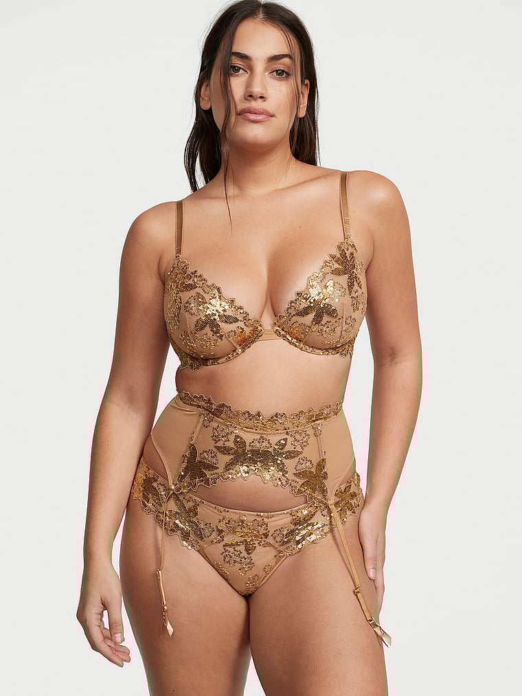 Gold Sequined Ziggy Glam Floral Embroidery Garter Belt