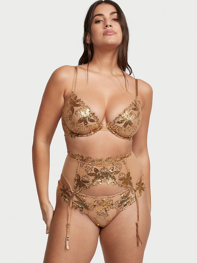 Gold Sequined Ziggy Glam Floral Embroidery Garter Belt