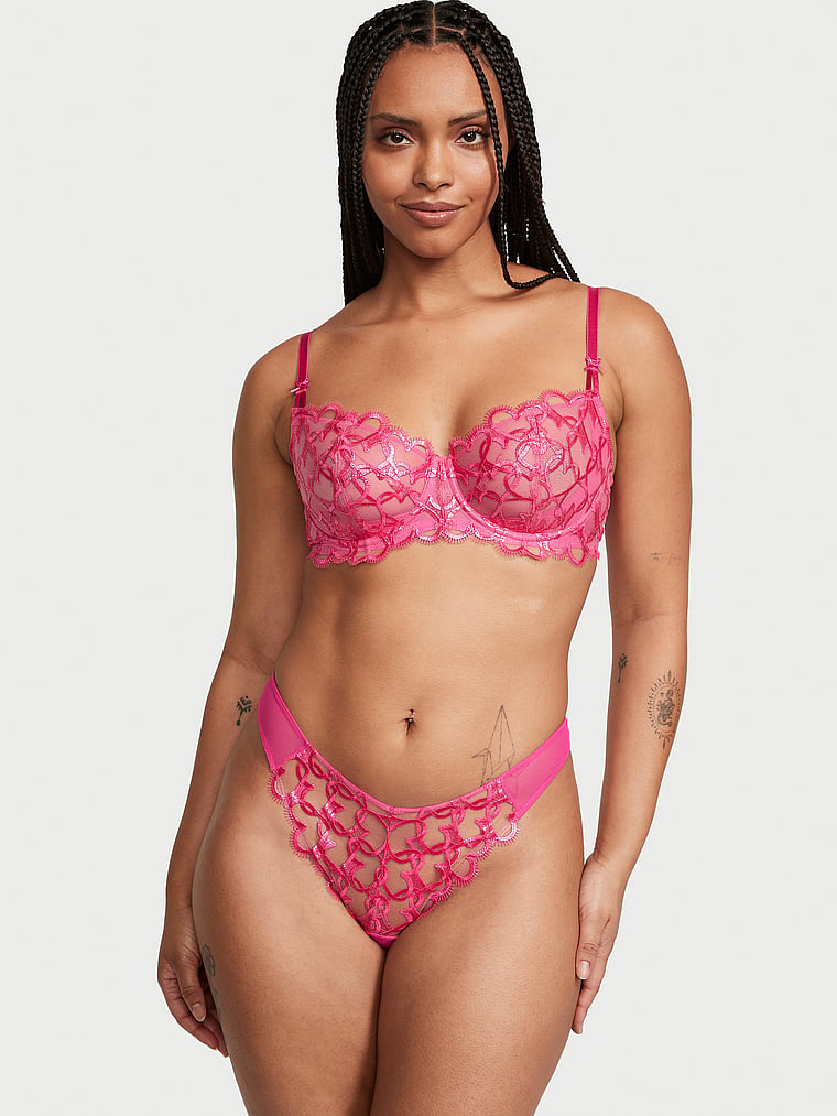 Victoria's Secret, Dream Angels Wicked Shimmer Heart Embroidery Unlined Balconette Bra, Forever Pink, onModelSide, 3 of 6 Gilly  is 5'10" and wears 36D or Large