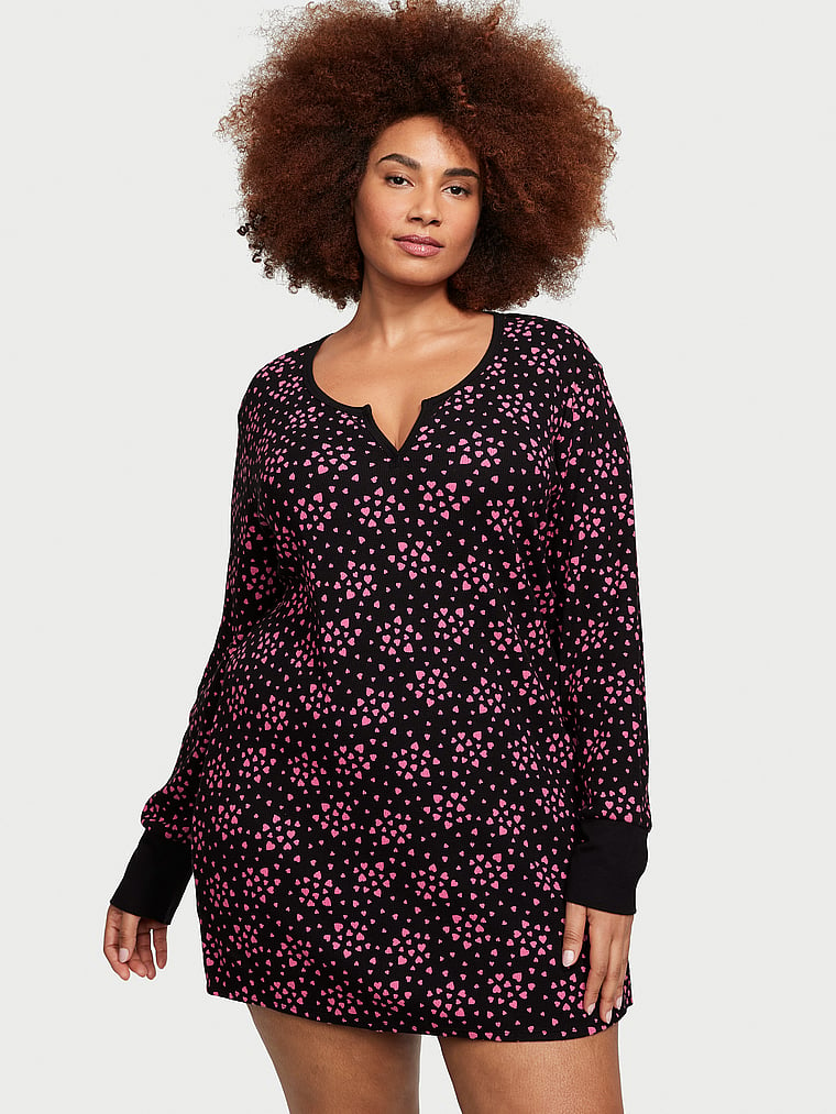 Victoria's Secret, Victoria's Secret Thermal Sleepshirt, Black & Pink Hearts, onModelFront, 1 of 3 Shadia  is 5'11" or 180cm and wears Extra Extra Large