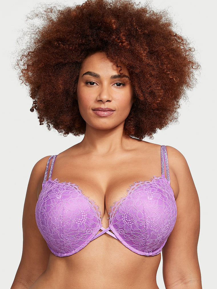 Victoria's Secret, Very Sexy Bombshell Add-2-Cups Shine Strap Lace Push-Up Bra, Purple Paradise, onModelFront, 4 of 5 Shadia  is 5'11" and wears 38DD(E) or Extra Extra Large