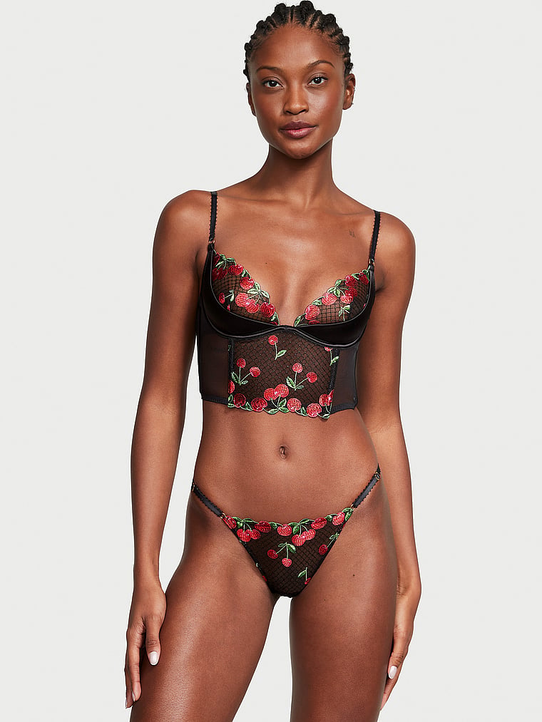 Victoria's Secret, Very Sexy Cherry Embroidery Quarter-Cup Corset Top, Black Cherries, onModelSide, 4 of 5