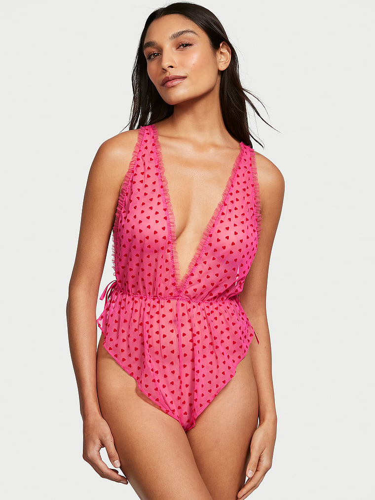 Victoria's Secret, Victoria's Secret Tease Mini Hearts Flocked Mesh Romper, Forever Pink, onModelFront, 1 of 3 Madison is 5'9" or 175cm and wears Small