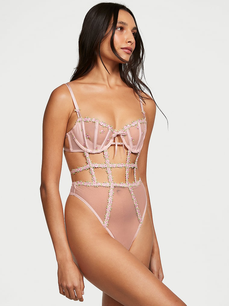 Victoria's Secret, Very Sexy Wicked Unlined Rosebud Embroidery Teddy, Pink Fizz, onModelFront, 1 of 4 Madison is 5'9" and wears 34B or Small