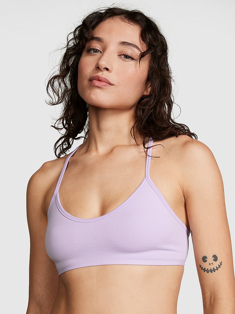 PINK Bralettes & Bra Tops Base Cotton Racerback Bralette, Pastel Lilac, onModelFront, 1 of 4 Jocelyn is 5'8" and wears 34B or Small