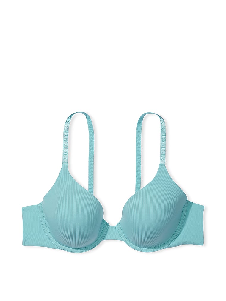 Victoria's Secret, The T-shirt Lightly Lined Full-Coverage Micro-Rib Bra, Fountain Blue, offModelFront, 3 of 3