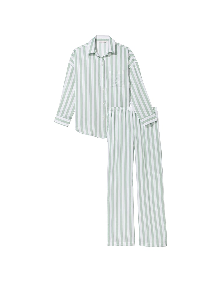 Victoria's Secret, Victoria's Secret Modal-Cotton Long Pajama Set, Seasalt Green Stripe, offModelFront, 3 of 4