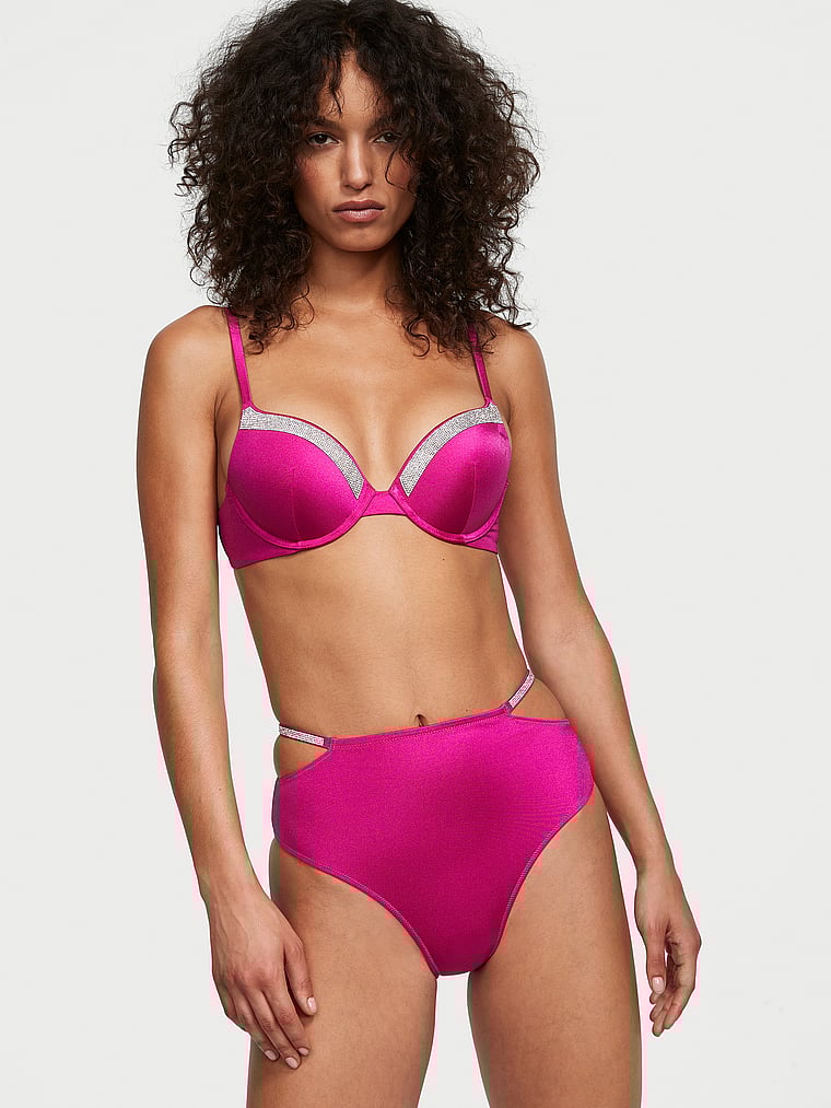 Victoria's Secret, Victoria's Secret Swim Shine Strap High-Waist Cheeky Bikini Bottom, Berry Blush, onModelBack, 2 of 3 Nikita is 5'10" and wears Small