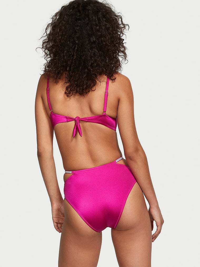 Victoria's Secret, Victoria's Secret Swim Shine Strap High-Waist Cheeky Bikini Bottom, Berry Blush, onModelFront, 1 of 3 Nikita is 5'10" and wears Small