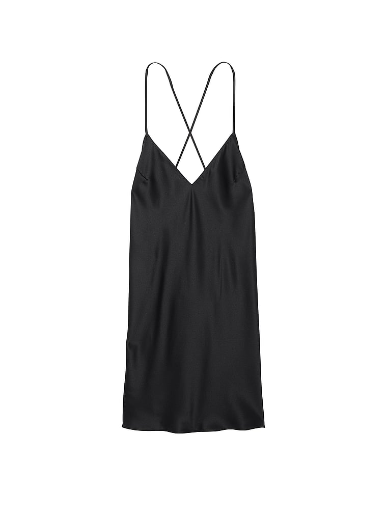 Victoria's Secret, Victoria's Secret Satin Open-Back Slip Dress, BLACK, offModelFront, 3 of 3