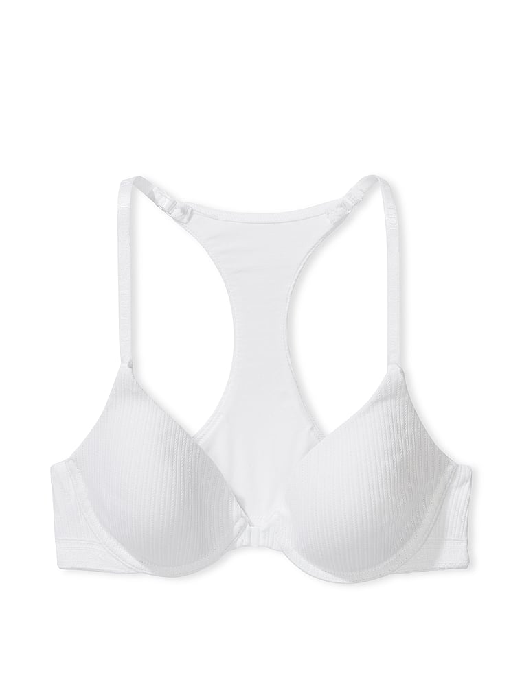 Victoria's Secret, The T-shirt Lightly Lined Full-Coverage Front-Close Pointelle Bra, VS White, offModelFront, 3 of 3