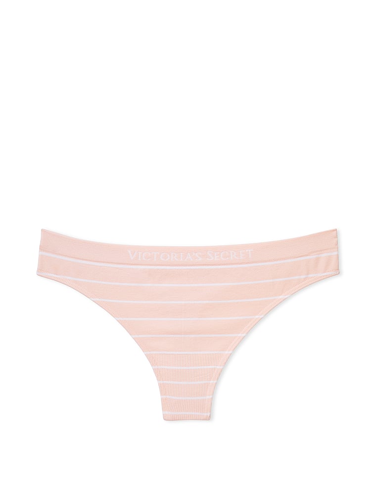 Victoria's Secret, Seamless Seamless Thong Panty, Purest Pink Stripes, offModelFront, 3 of 3