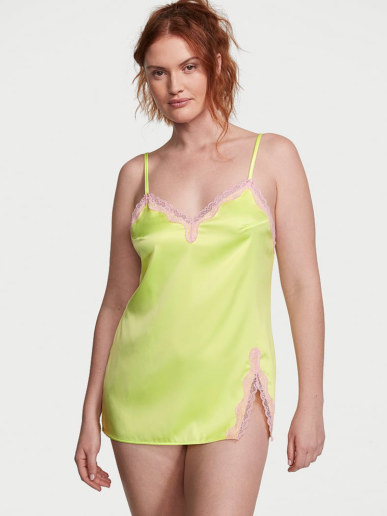 Victoria's Secret, Victoria's Secret Tease Satin Lace-Trim Mini Slip Dress, Citron Glow, onModelFront, 1 of 3 Katy is 5'11" and wears Large