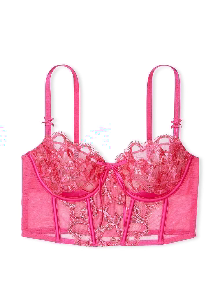 Victoria's Secret, Dream Angels Wicked Shimmer Heart Embroidery Open-Cup Corset Top, Forever Pink, offModelFront, 4 of 5