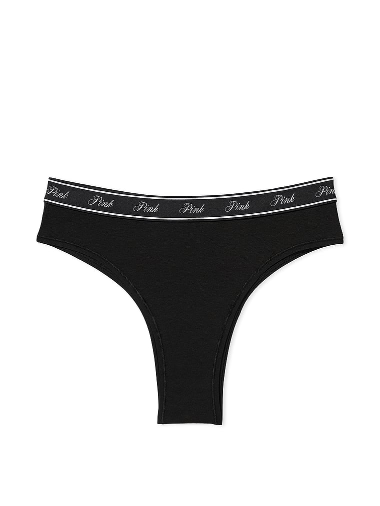 PINK Logo Cotton Brazilian Panty, Pure Black, offModelFront, 4 of 4