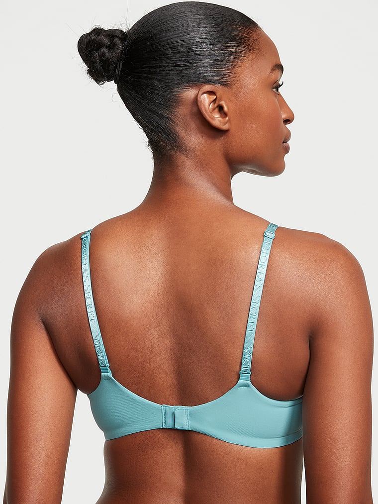 Victoria's Secret, The T-shirt Lightly Lined Full-Coverage Micro-Rib Bra, Fountain Blue, onModelBack, 2 of 3 Tsheca  is 5'9" and wears 34B or Small