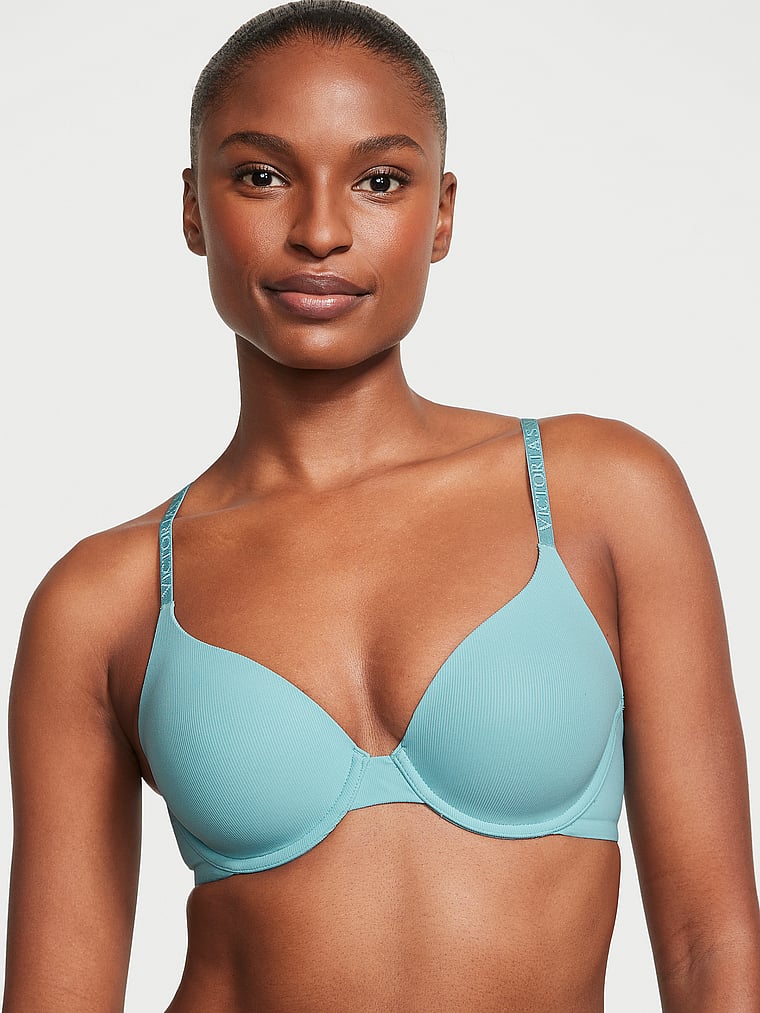 Victoria's Secret, The T-shirt Lightly Lined Full-Coverage Micro-Rib Bra, Fountain Blue, onModelFront, 1 of 3 Tsheca  is 5'9" and wears 34B or Small