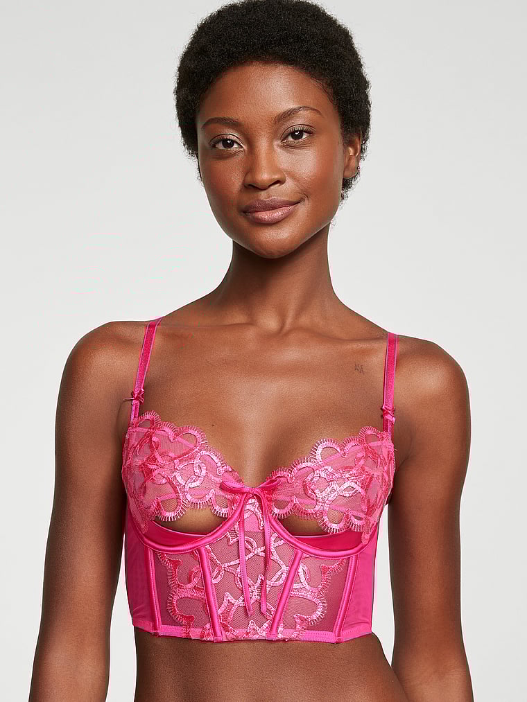 Victoria's Secret, Dream Angels Wicked Shimmer Heart Embroidery Open-Cup Corset Top, Forever Pink, onModelFront, 1 of 5