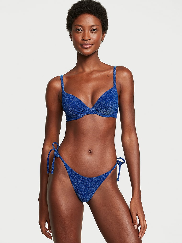 Victoria's Secret, Victoria's Secret Swim Shimmer Side-Tie Brazilian Bikini Bottom, Diver Blue Shimmer, onModelBack, 2 of 4