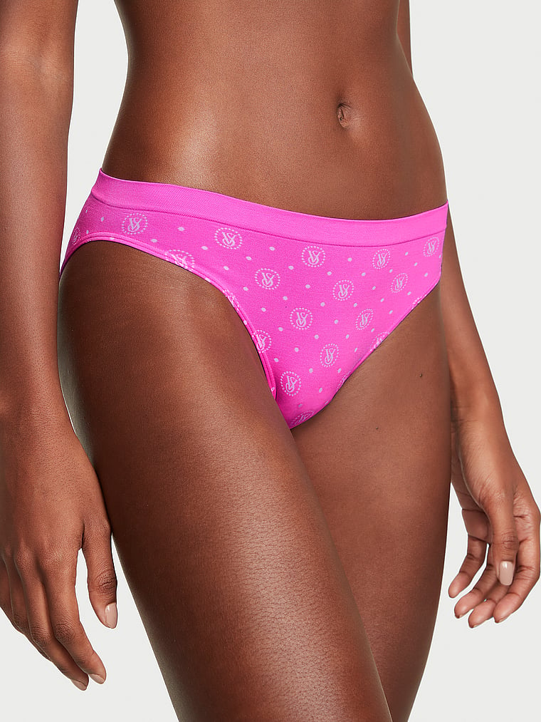 Victoria's Secret, Seamless Seamless Bikini Panty, Neon Pink Logo Dots, onModelFront, 1 of 3