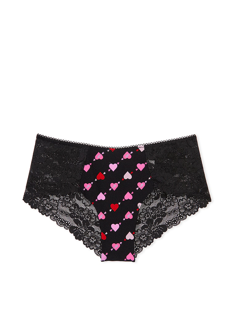 PINK No-Show Cheeky Panty, Pure Black Heart Print Lace Trim, offModelFront, 3 of 3