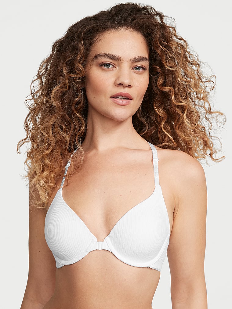 Victoria's Secret, The T-shirt Lightly Lined Full-Coverage Front-Close Pointelle Bra, VS White, onModelFront, 1 of 3 Kiana is 5'9" and wears 34B or Small