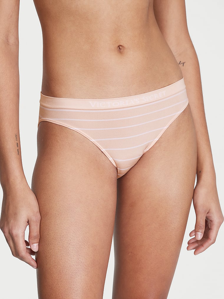 Victoria's Secret, Seamless Seamless Bikini Panty, Purest Pink Stripes, onModelFront, 2 of 3 Anyeline is 5'10" or 178cm and wears Small