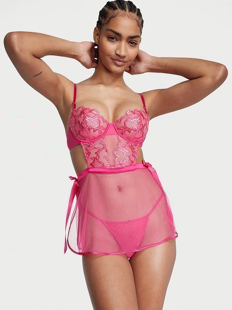 Victoria's Secret, Very Sexy Wicked Unlined Shimmer Heart Embroidery Apron, Forever Pink, onModelFront, 2 of 3