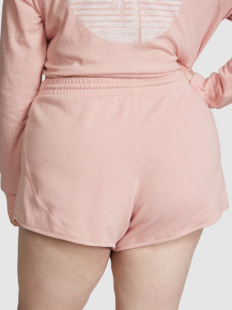 PINK Ivy Fleece Curved Hem Shorts, Wanna Be Pink, onModelBack, 4 of 4 Finley  is 5'9" and wears Large
