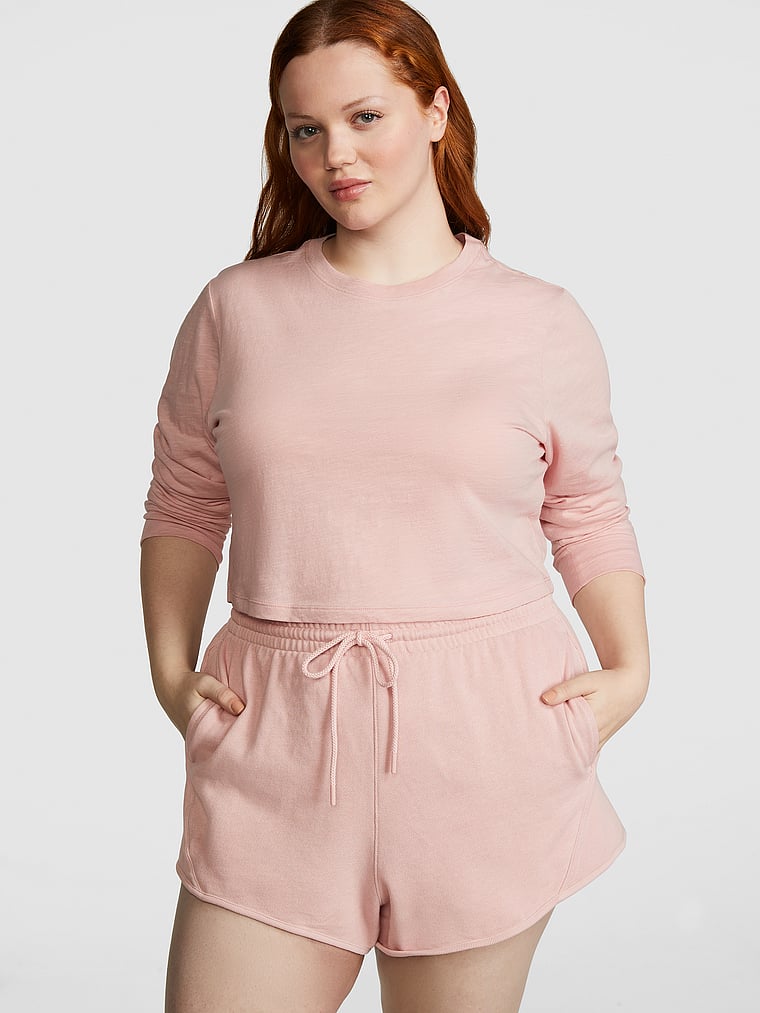 PINK Ivy Fleece Curved Hem Shorts, Wanna Be Pink, onModelFront, 3 of 4 Finley  is 5'9" and wears Large