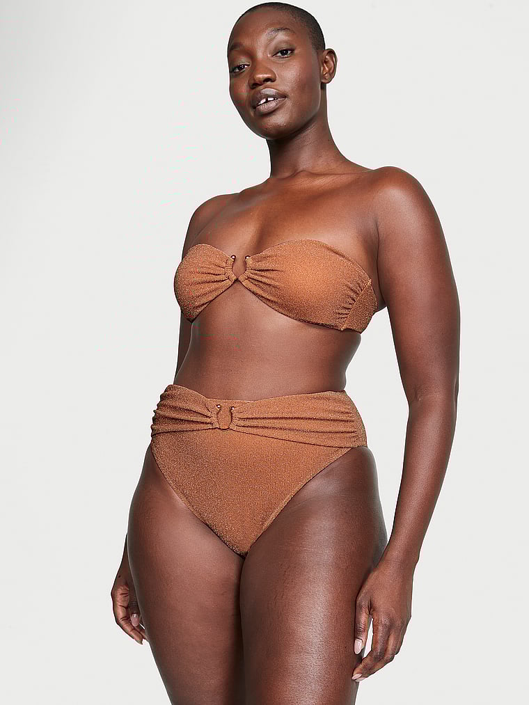 Victoria's Secret, Victoria's Secret Swim Shimmer High-Waist Cheeky Bikini Bottom, Toasted Sugar Shimmer, onModelBack, 2 of 4 Arame is 5'11" and wears Large