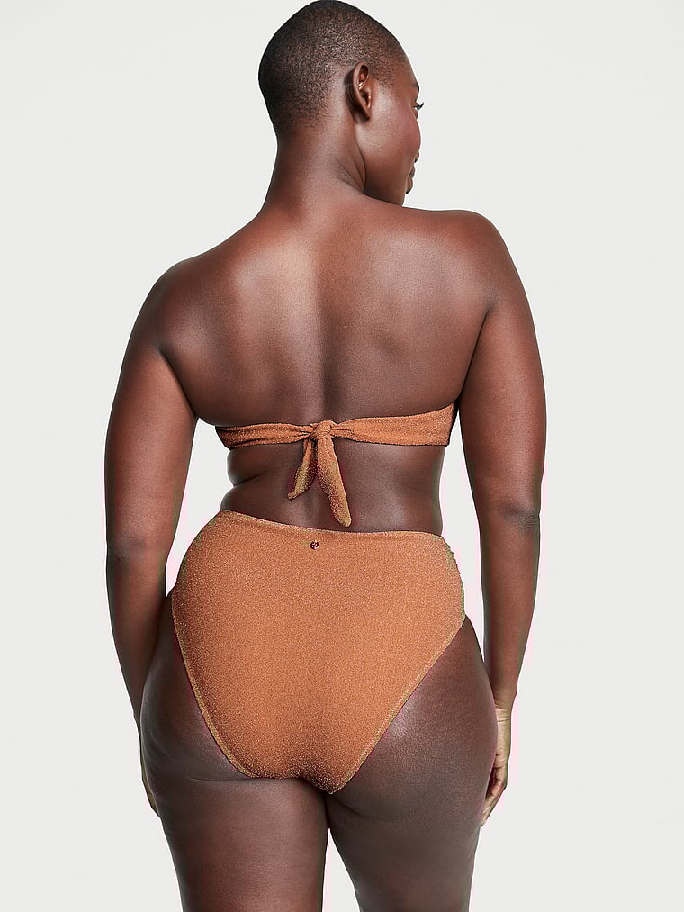Victoria's Secret, Victoria's Secret Swim Shimmer High-Waist Cheeky Bikini Bottom, Toasted Sugar Shimmer, onModelFront, 1 of 4 Arame is 5'11" and wears Large