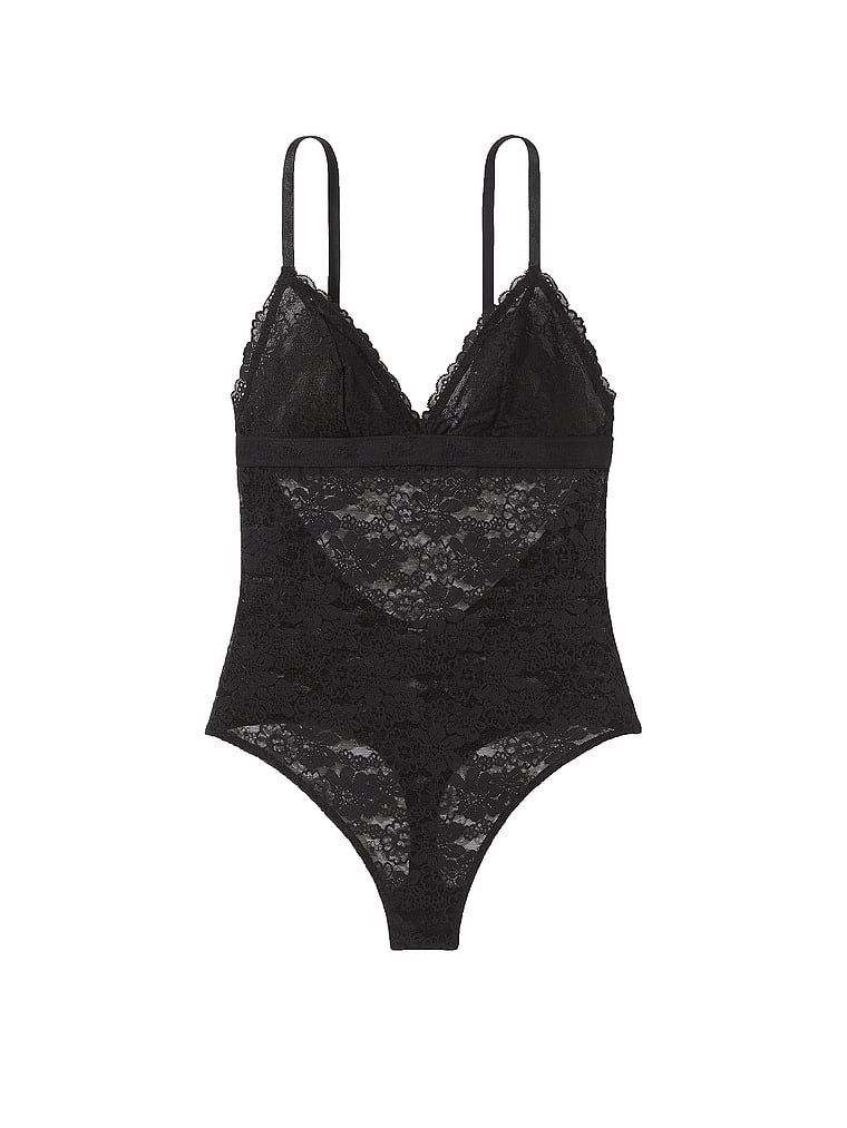 PINK Wink Lace Triangle Unlined Bodysuit, Black, offModelFront, 3 of 3
