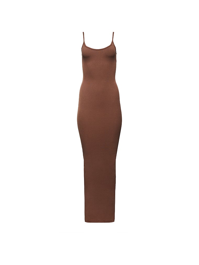 Victoria's Secret, Bumpsuit Sculpting Rib Knit Maxi Dress, Chocolate, offModelFront, 3 of 4