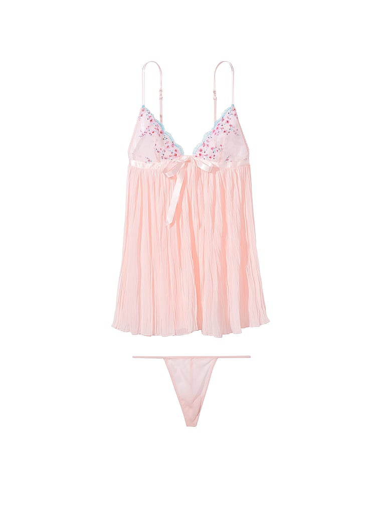 Victoria's Secret, Very Sexy Cherry Blossom Embroidery Pleated Babydoll Set, offModelFront, 3 of 3