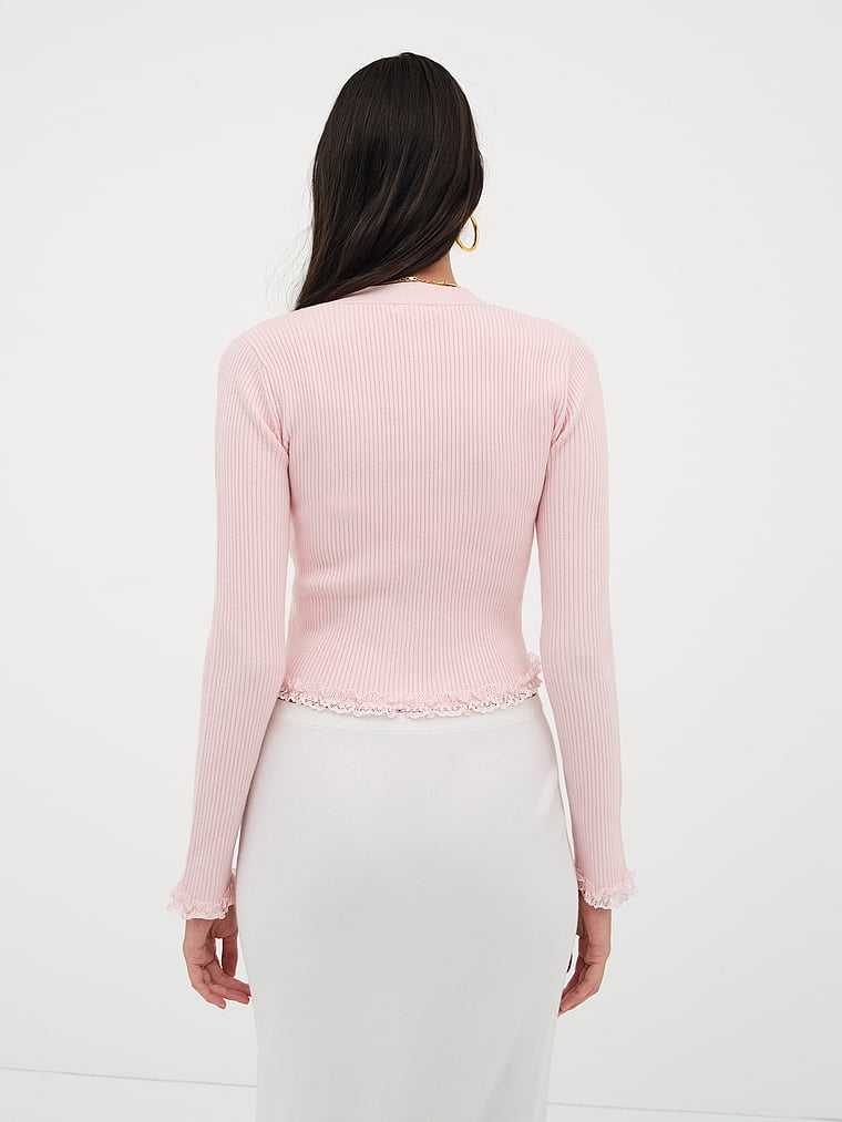 Victoria's Secret, For Love & Lemons Soft Ribbed Cropped Cardigan, Light Pink, onModelBack, 2 of 5