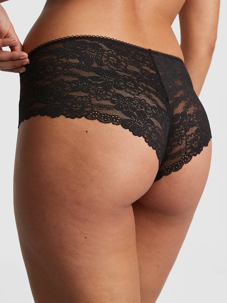 PINK No-Show Cheeky Panty, Pure Black Heart Print Lace Trim, onModelBack, 2 of 3