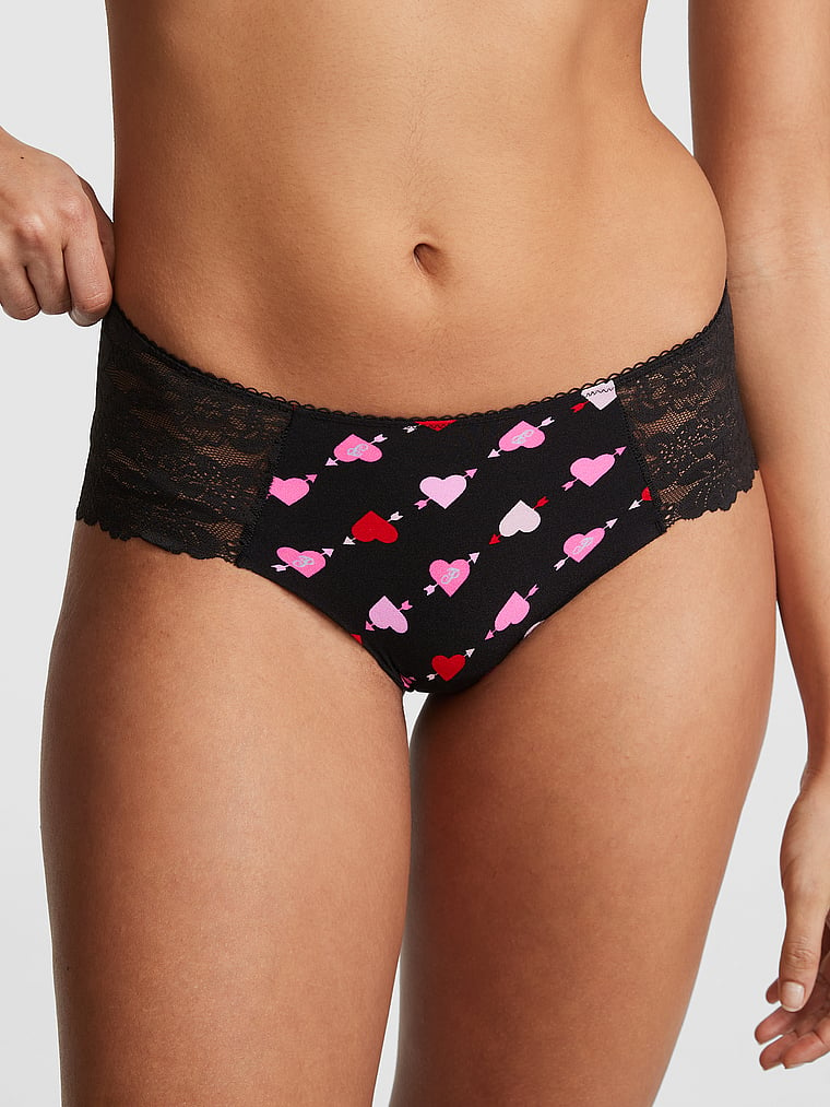 PINK No-Show Cheeky Panty, Pure Black Heart Print Lace Trim, onModelFront, 1 of 3