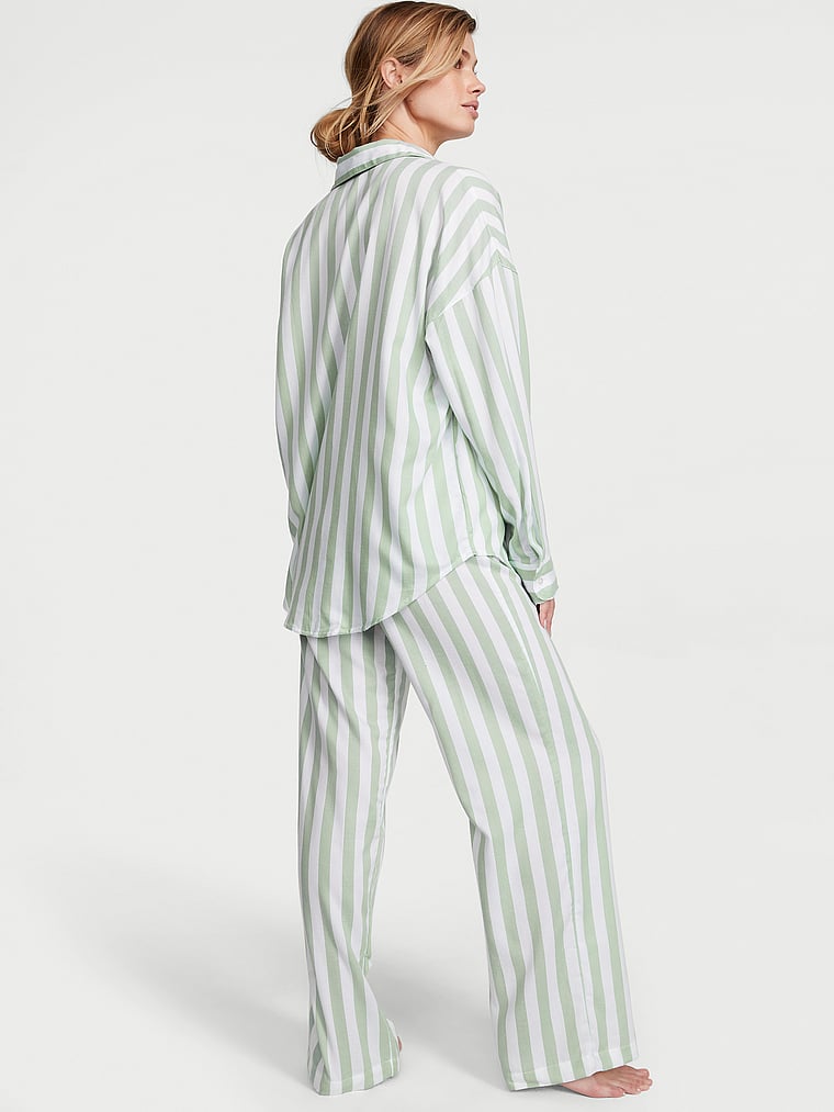 Victoria's Secret, Victoria's Secret Modal-Cotton Long Pajama Set, Seasalt Green Stripe, onModelBack, 2 of 4 Maggie is 5'7" and wears S/Regular
