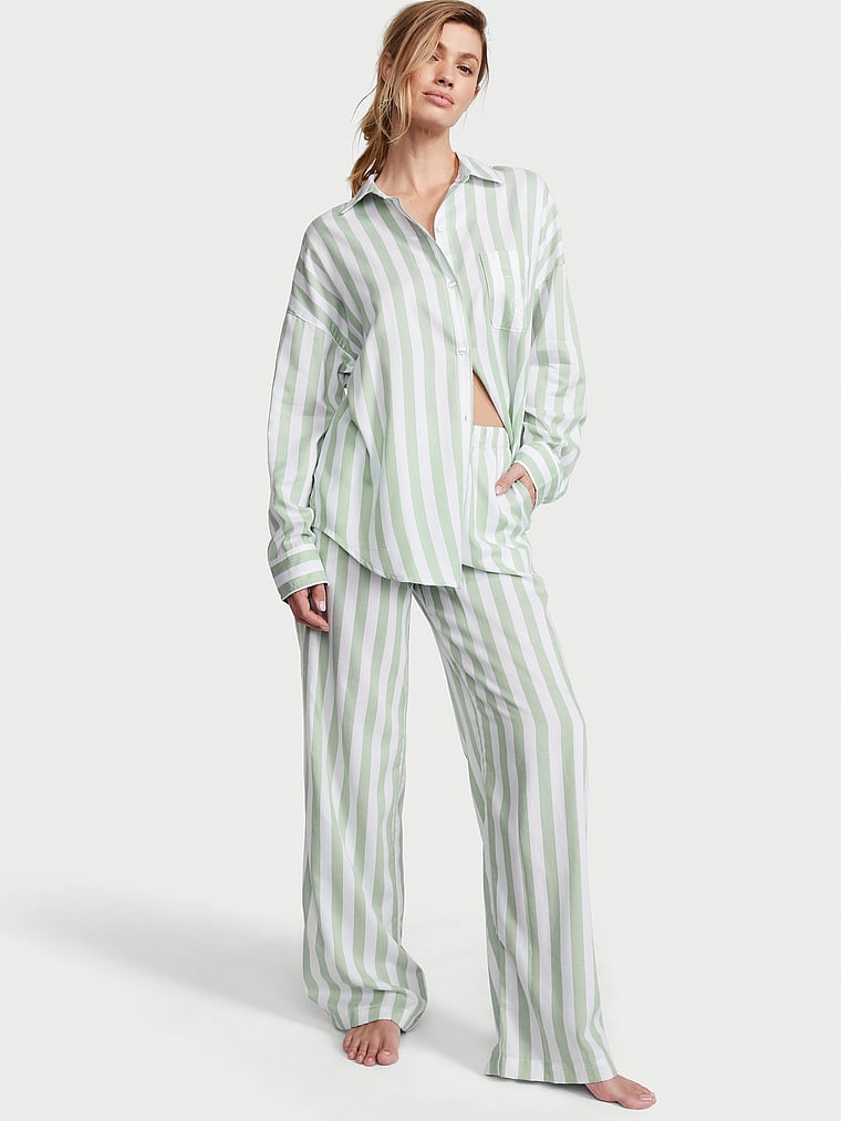 Victoria's Secret, Victoria's Secret Modal-Cotton Long Pajama Set, Seasalt Green Stripe, onModelFront, 1 of 4 Maggie is 5'7" and wears S/Regular