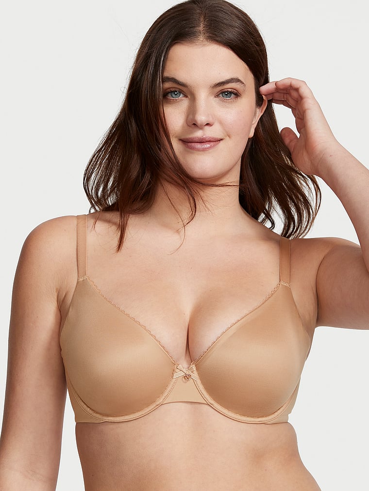 Victoria's Secret, Body by Victoria Invisible Lift Unlined Lace Demi Bra, Praline, onModelFront, 1 of 4 Abbey is 5'10" and wears 34DD (E) or Medium