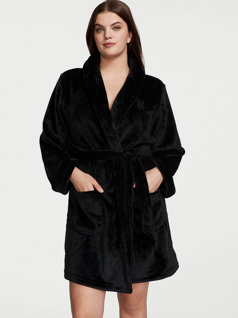 Victoria's Secret, Victoria's Secret Short Cozy Robe, Bllack, onModelFront, 1 of 3 Abbey is 5'10" or 178cm and wears Medium
